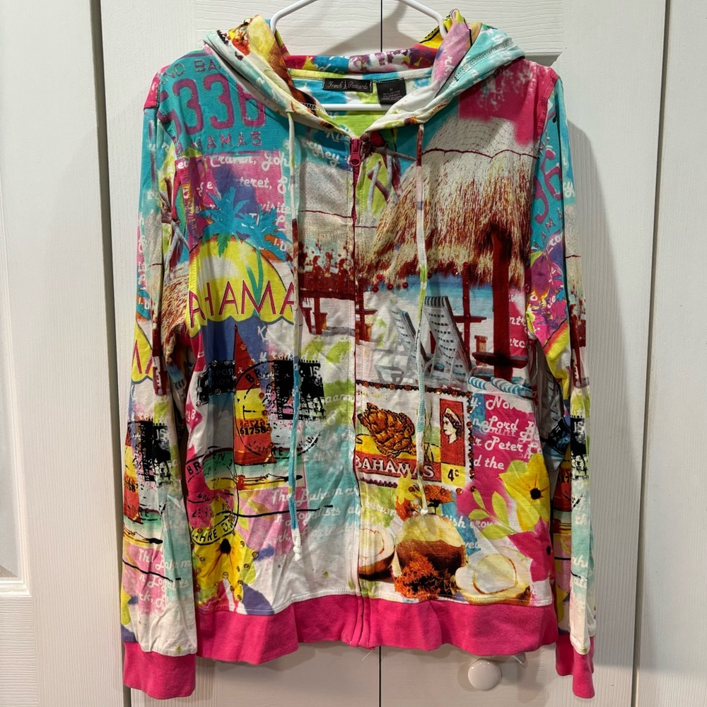 FRENCH POSTCARDS Women’s Handcrafted Bahamas Scene Zip Up Sweatshirt - size M